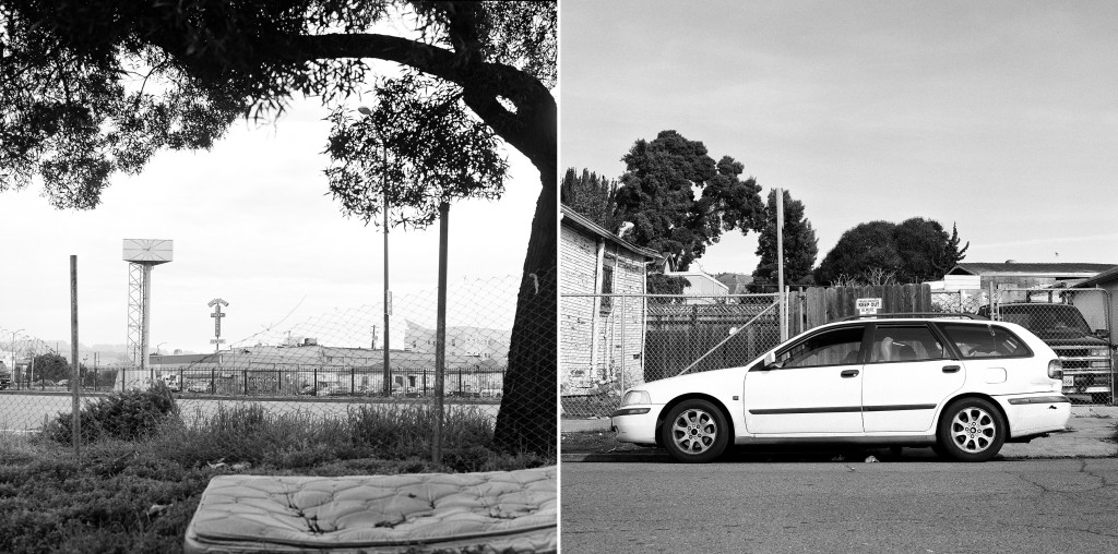 ALISSA AMBROSE/STAT--Left: A view from the East Oakland cul-de-sac where Foreman will spend nights parked in his car. Right: Foreman rests in the front seat of his car, which has become his only consistent shelter.