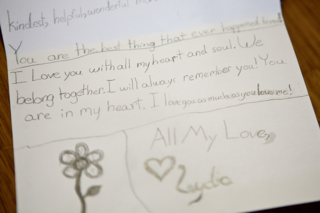Portsmouth, NH -- 01/21/16 -- A "love note" that Lydia Valdez wrote to her mother, Paula Skelley, 6 weeks before she died. Paula said she wrote her many notes in the various journals that she would draw in everyday while she was sick. (Kayana Szymczak for STAT)