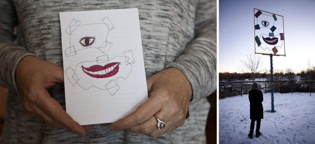 Left: Skelley displays a drawing that was used to build a memorial sculpture in honor of her daughter. Skelley named the drawing and sculpture “Smiling Through the Brokenness.” The sculpture is part of “Lydia’s Garden,” a space dedicated in her memory, located on a section of the playground of her former school, the Little Harbour School in Portsmouth. Right: Skelley stands beneath the memorial sculpture. (Kayana Szymczak FOR STAT)