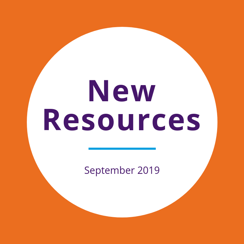 "New resources September 2019" written on white circle over orange background
