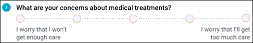 “What are your concerns about medical treatments?” Responses range along five points, from “I worry that won’t get enough care” to “I worry that I’ll get too much care”